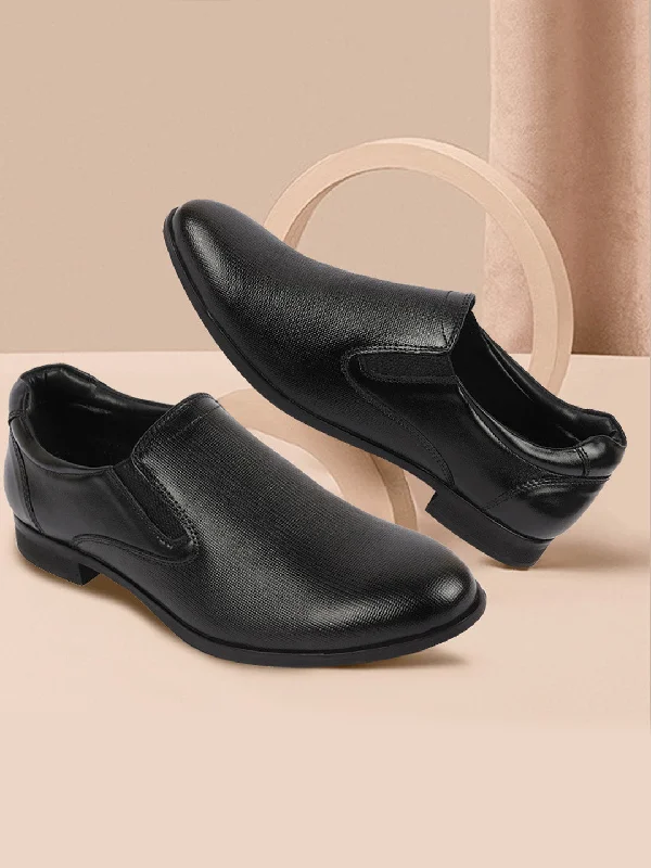 Elegant Accents Men Black Formal Office Textured Design Side Stitched Genuine Leather Slip On Shoes