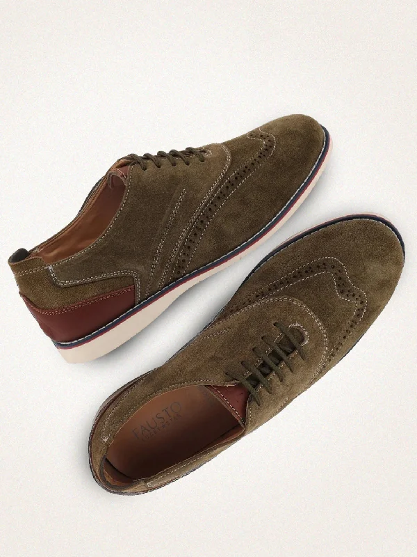 Stylish Accent Men Olive Suede Leather Oxford Casual Shoes