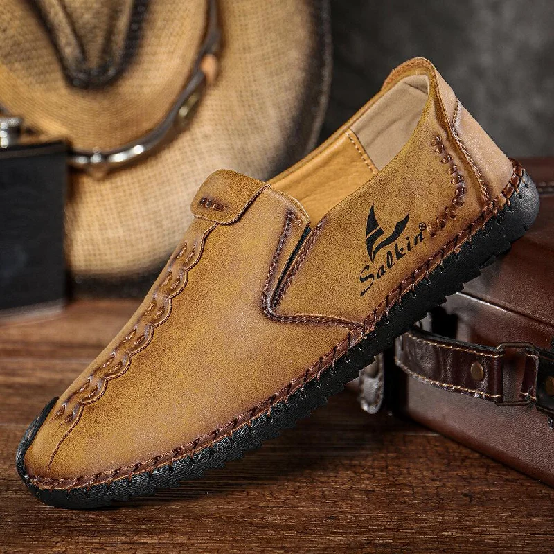 Minimal Aesthetic Men's Micfofiber Leather Wearable Soft Sole Slip-on Hand Sewing Flat Shoes