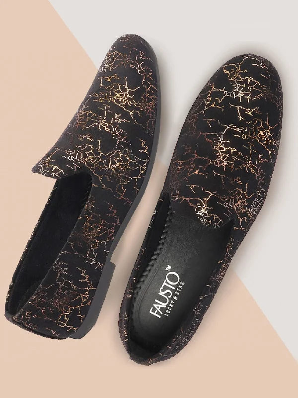 Sleek Finish Men Black Velvet Printed Design Ethnic Wedding Party Prom Slip On Loafer Shoes