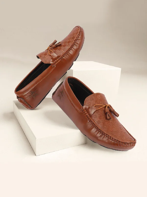 Parisian Charm Men Tan Textured Design Casual Tassel Slip On Driving Loafer and Moccasins