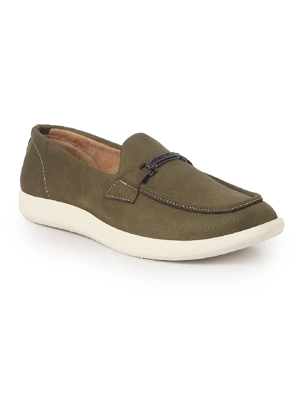 Statement Elegance Men Olive Suede Classic Ultra Light Comfort Horsebit Buckle Slip On Casual Loafer Shoes|Memory Cushion Insole|EVA Slip On Shoe