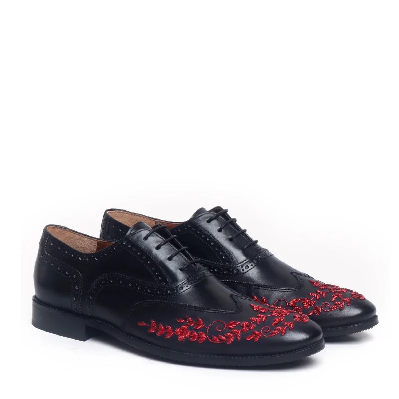 Dynamic Patterns Black Leather Lace-Up Formal Shoes with Red Zardosi Wingtip Toe by Brune & Bareskin