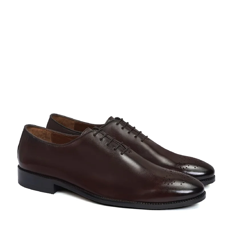 Minimal Aesthetic Whole Cut/One Piece Medallion Toe Dark Brown Oxford Lace-up Shoe