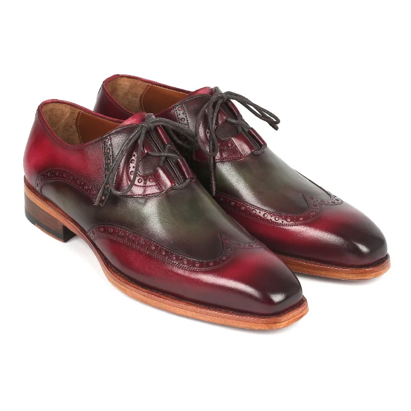 Luxe Craftsmanship Paul Parkman 2955-GRB Men's Shoes Green & Bordeaux Calf-Skin Leather Ghillie Oxfords (PM6308)