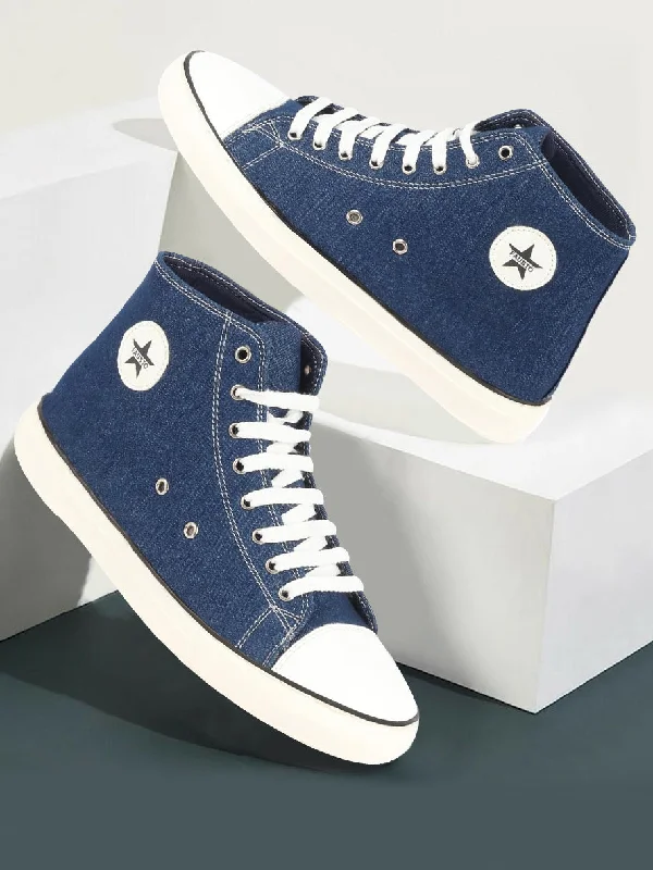 Eye-Catching Style Men Navy Blue Mid Top Star Toe Cap Upper Denim 8-Eye Lace Up Canvas Sneakers Shoes