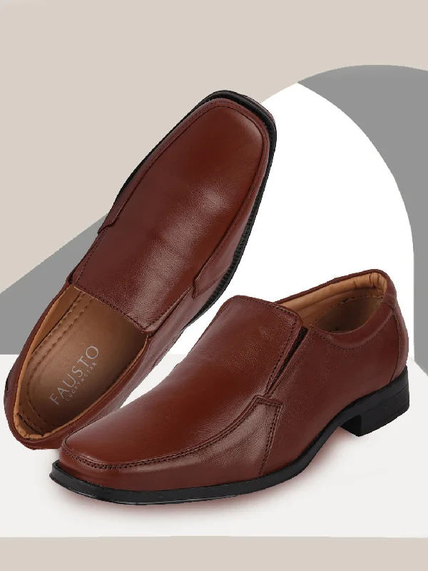 Fashion Forward Men Tan Formal Leather Slip On Shoes with Shock Absorber TPR Sole