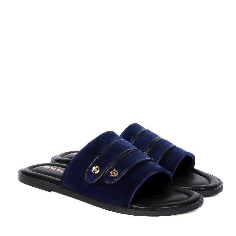 Couture Vibes Welt Slide in Slippers with Blue Italian Velvet Two Strapped