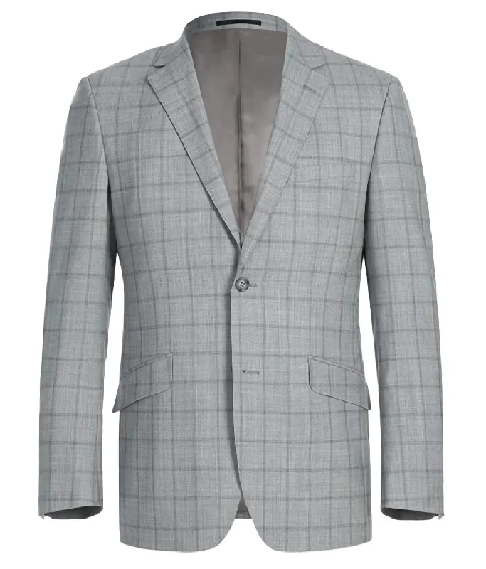 100% Wool Slim Fit Windowpane Dress Suit 2 Piece in Gray