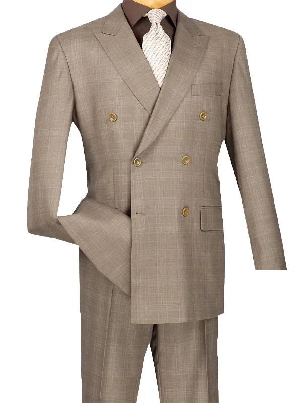 Tan Double Breasted 2 Piece Suit Regular Fit Glen Plaid