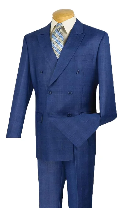 Blue Double Breasted 2 Piece Suit Regular Fit Glen Plaid