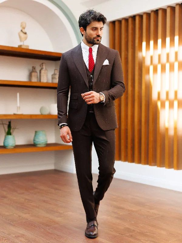 Brown Striped Slim-Fit Suit 3-Piece