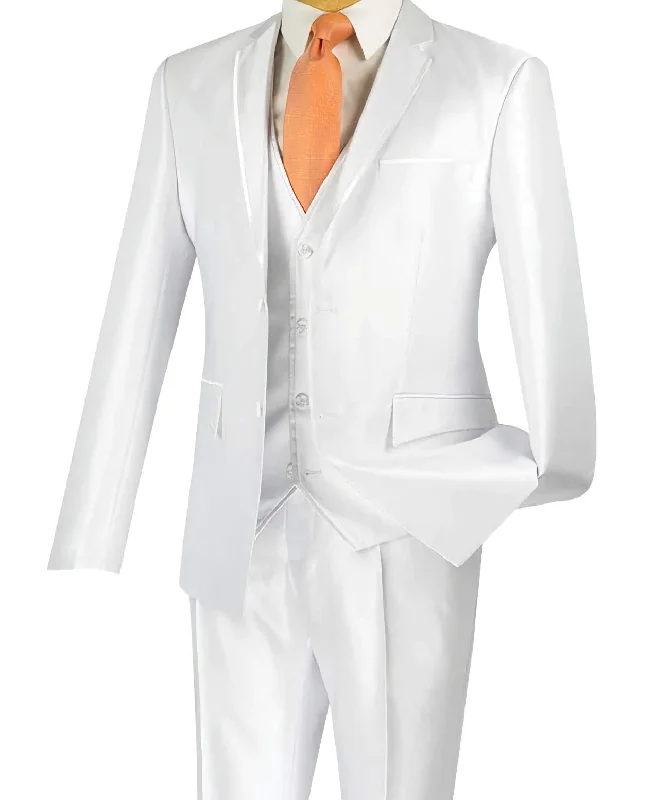 Designed Shiny Sharkskin Suit Ultra Slim Fit 3 Piece in White