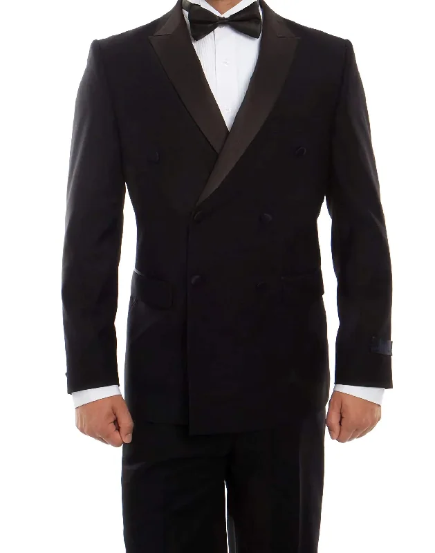 Double Breasted Slim Fit Tuxedo Black with Black Satin Peak Lapel