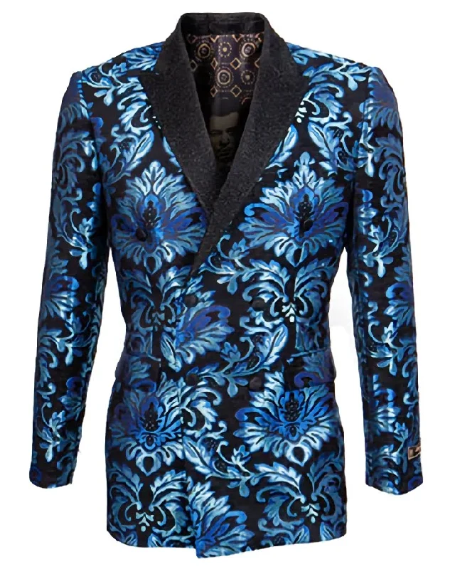 Slim Fit Turquoise Paisley Pattern Double Breasted Blazer