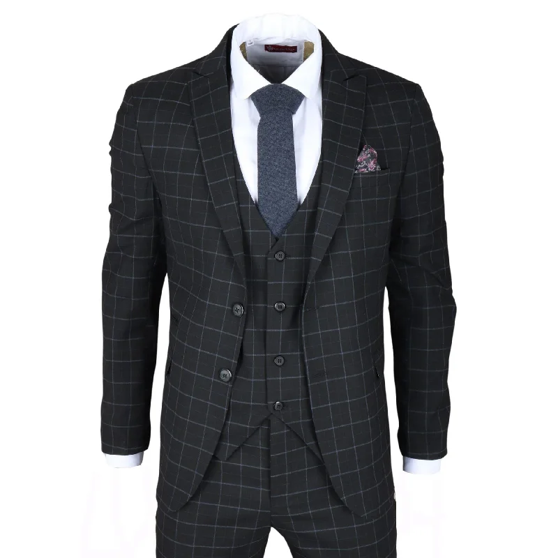 Men's Suit Black Checked Tailored Fit 3 Piece Formal Dress