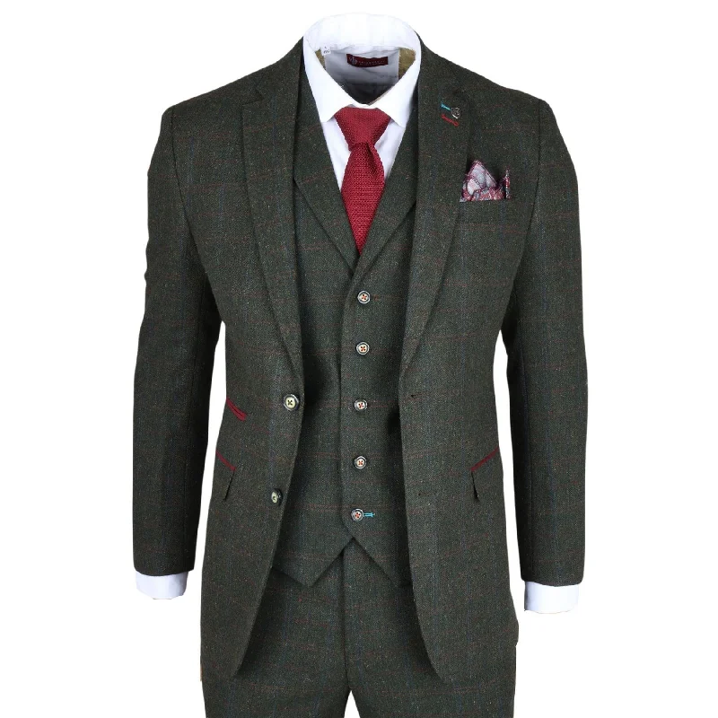 Men's Suit Wool Blend 3 Piece Olive Green Herringbone Check Tweed Slim Fit Formal Dress