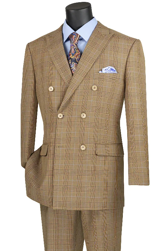 Mocha Double Breasted 2 Piece Suit Regular Fit Tone on Tone Windowpane