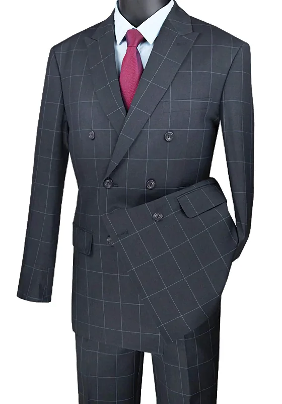 Napoli Collection - Gray Modern Fit Double Breasted Windowpane Peak Lapel 2 Piece Suit