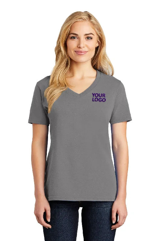 Port & Company Ladies Core Cotton Customized V-Neck Tee's, Medium Grey