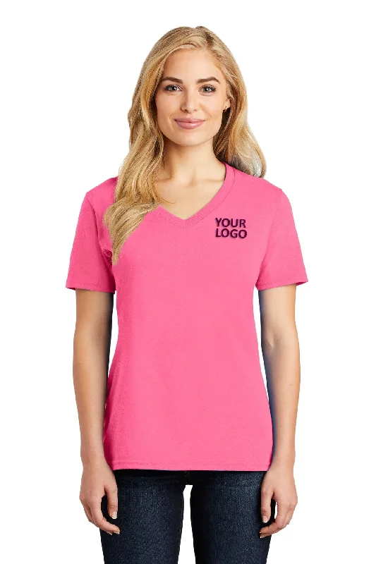 Port & Company Ladies Core Cotton Customized V-Neck Tee's, Neon Pink