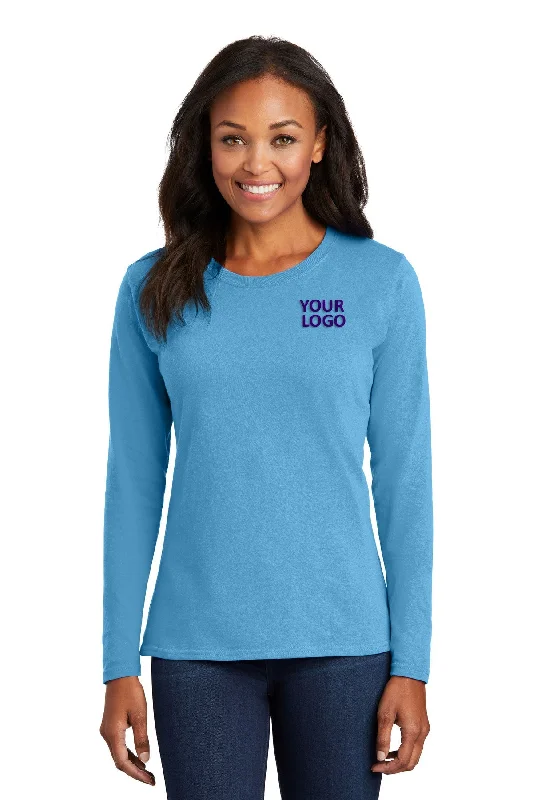 Port & Company Ladies Long Sleeve Custom Core Cotton Tee's, Aquatic Blue