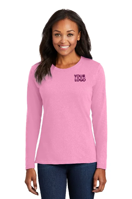 Port & Company Ladies Long Sleeve Branded Core Cotton Tee's, Candy Pink