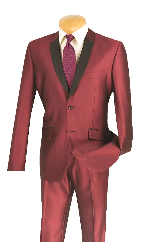 Slim Fit Shiny Sharkskin Men's 2 Piece Suit in Maroon