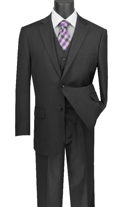 Stripe Collection - Regular Fit 3 Piece Suit 2 Button Tone on Tone Stripe in Black