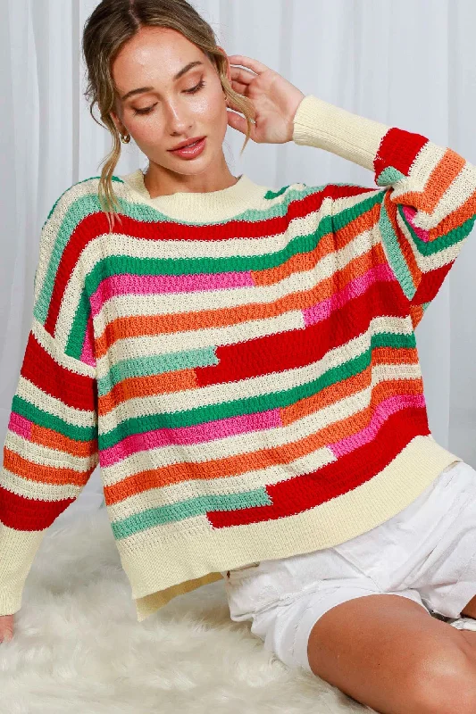 Multi Crew Neck Color Block Striped Cotton Crochet Sweater