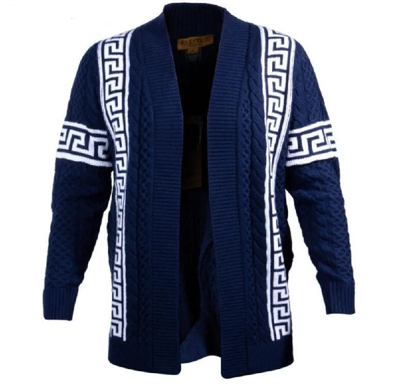 Greek Print Trim Sweater- Navy