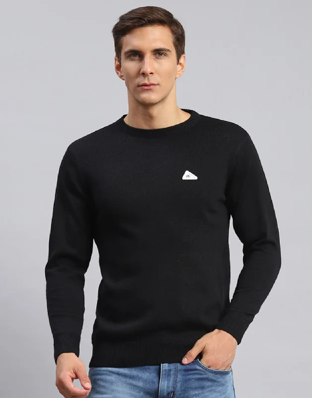 Men Black Solid Round Neck Full Sleeve Pullover