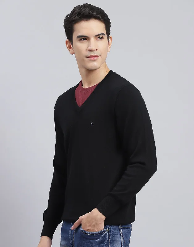 Men Black Solid V Neck Full Sleeve Pullover