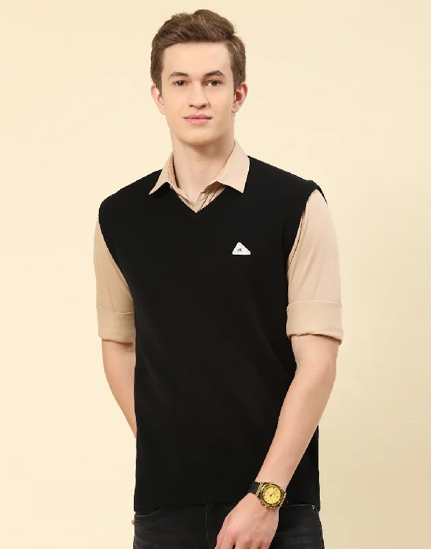 Men Black Solid V Neck Sleeveless Sweater