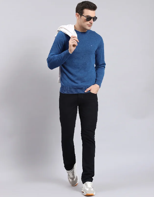 Men Blue Solid Round Neck Full Sleeve Pullover