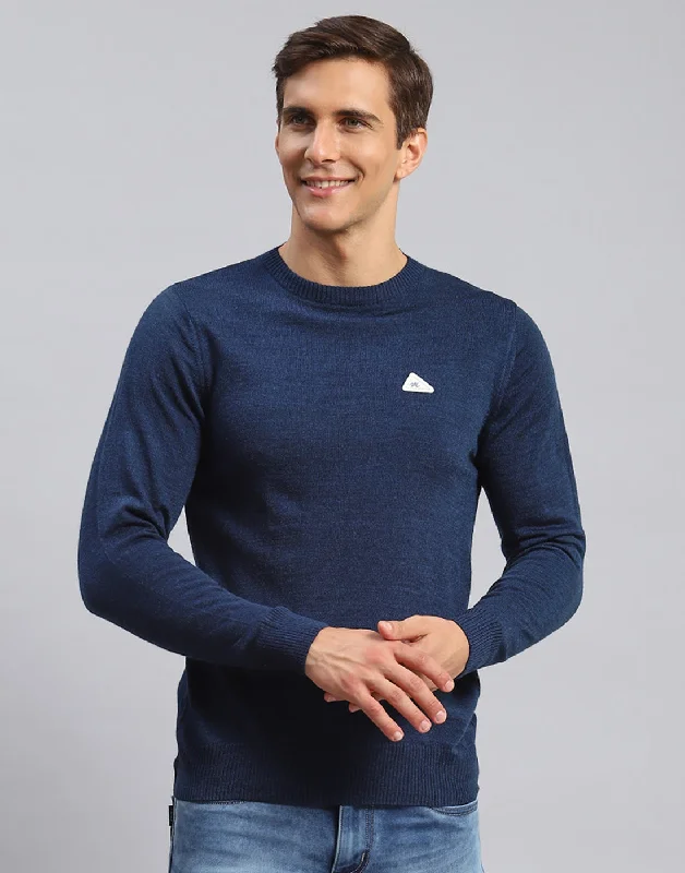 Men Blue Solid Round Neck Full Sleeve Pullover