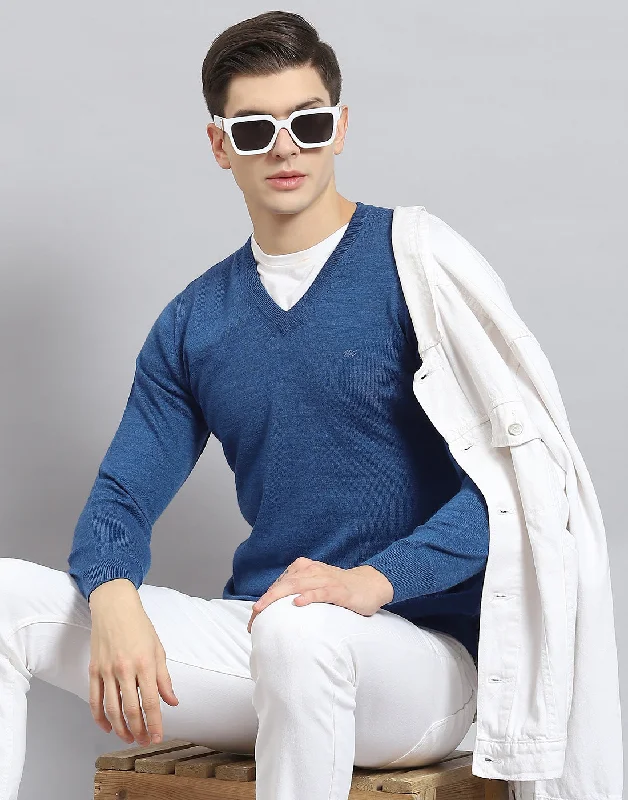 Men Blue Solid V Neck Full Sleeve Pullover