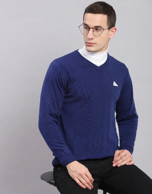 Men Blue Solid V Neck Full Sleeve Pullover