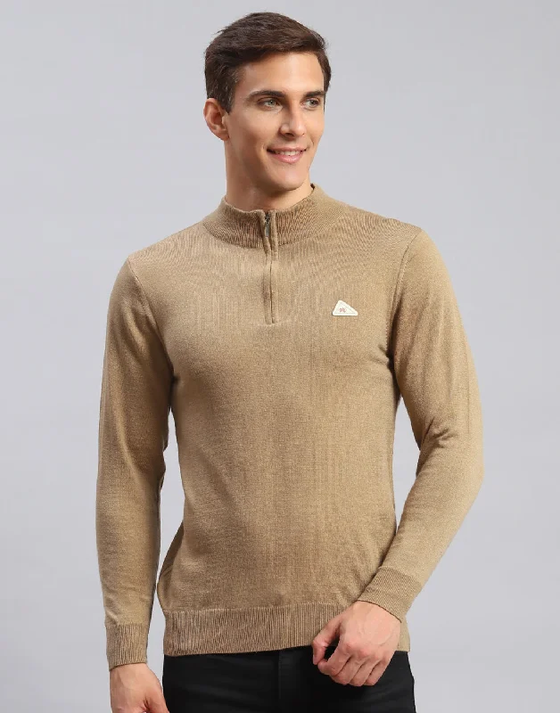 Men Brown Solid High Neck Full Sleeve Pullover