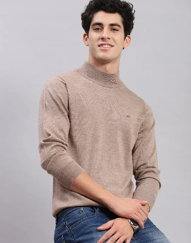 Men Brown Solid Turtle Neck Full Sleeve Pullover