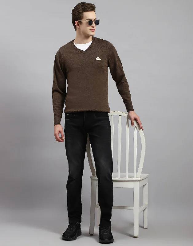 Men Brown Solid V Neck Full Sleeve Pullover