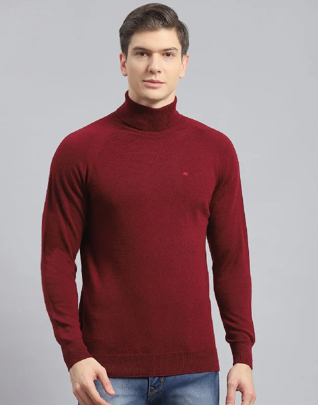 Men Maroon Solid High Neck Full Sleeve Pullover