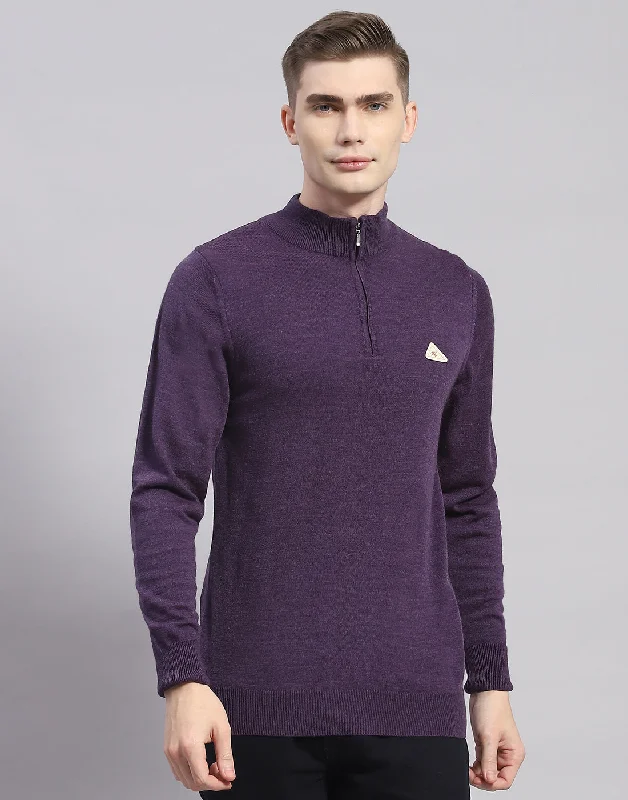 Men Purple Solid High Neck Full Sleeve Pullover