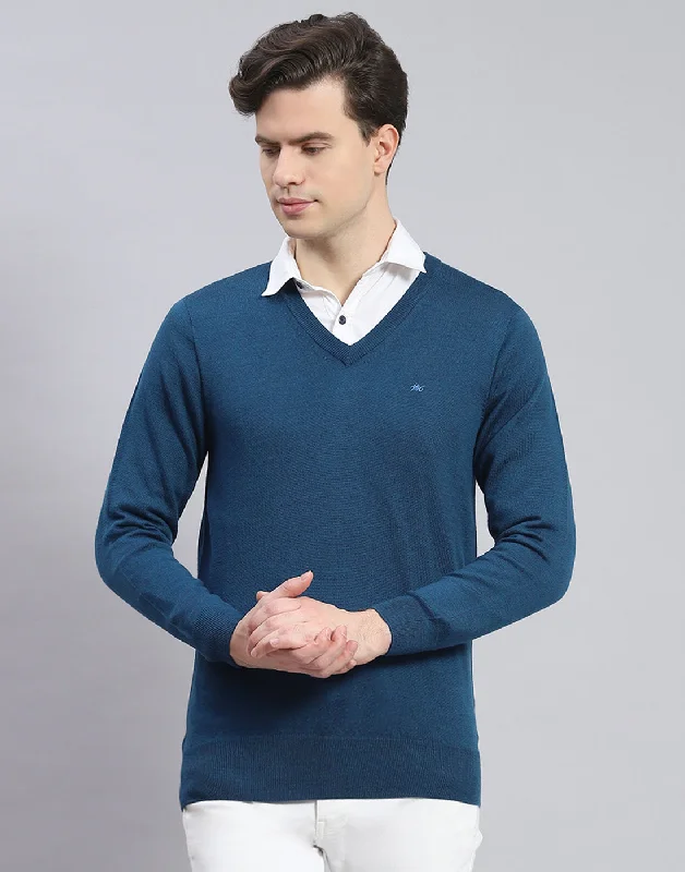 Men Teal Blue Solid V Neck Full Sleeve Pullover