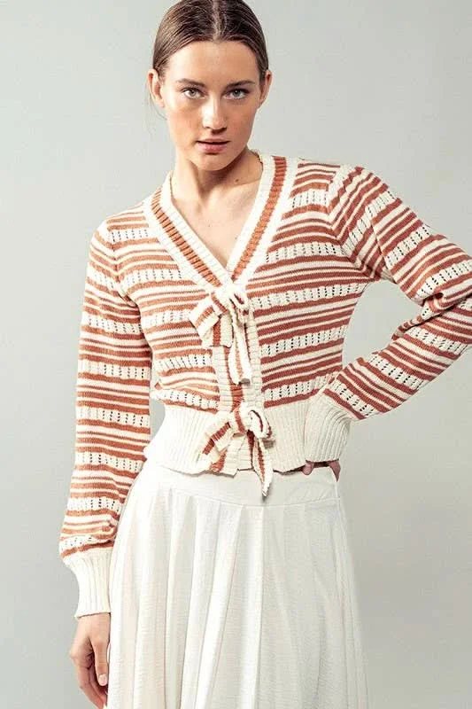 Ivory/Rust Ribbon Button Stripe Cardigan