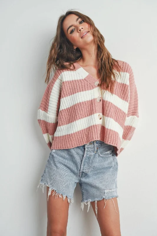 Mauve + White Striped V-Neck Cardigan with Buttons