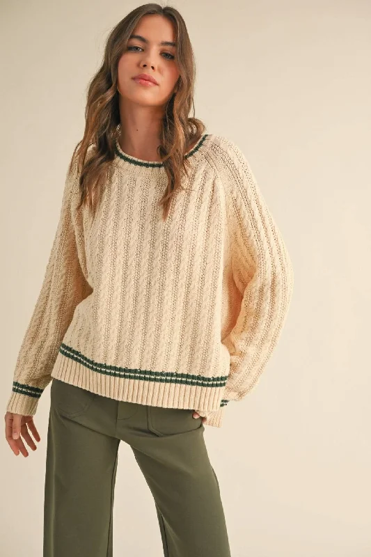 Beige + Green Cable Contrast Sweater