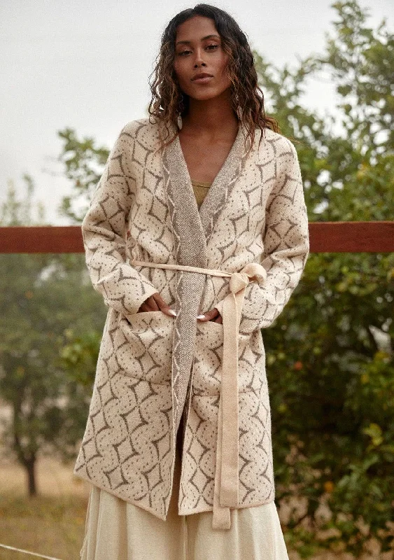 Western Diamond Jacquard Belted Cardigan - Taupe